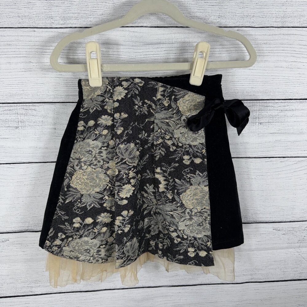 Les Enfants Chic Floral Brocade Black Velvet and Lace side Bow Skirt Sz 6